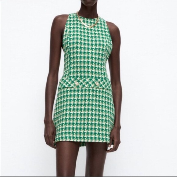 Zara Green Houndstooth Tweed Pinafore Mini Dress Sleeveless Textured Cotton XS - Picture 1 of 16
